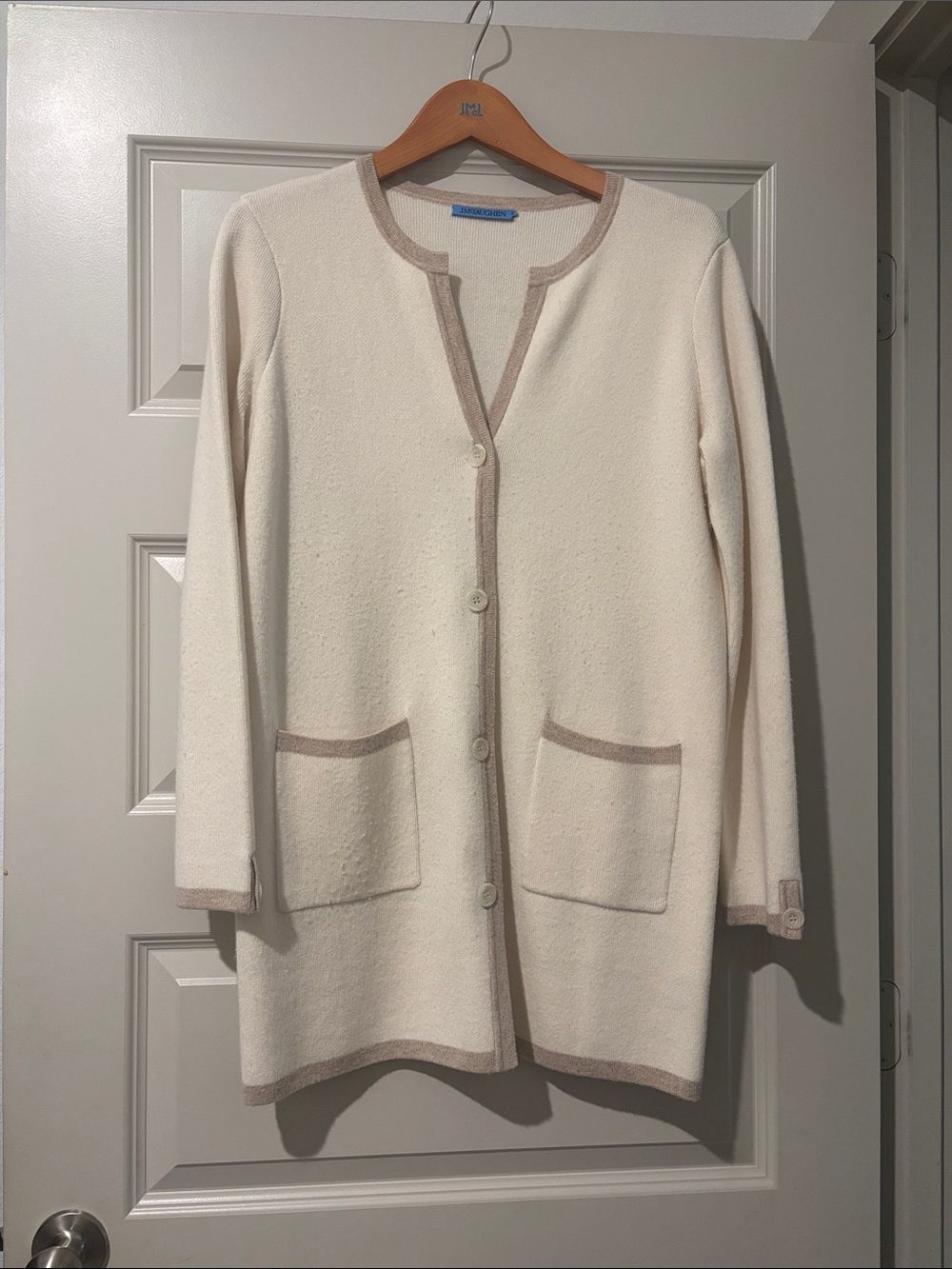 J. McLaughlin Cream Cardigan with Taupe Trim